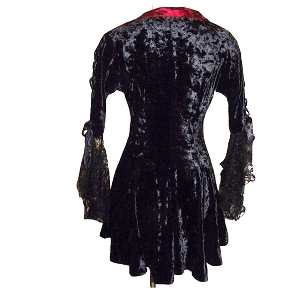 90s Crushed Velvet Black and Red Goth Dress With Lace Bell Sleeves - Picture 5 of 5